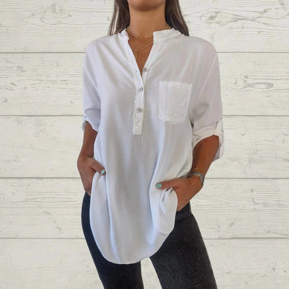 What should I wear tomorrow?🌸Women's Sequin Patchwork V-neck Shirt
