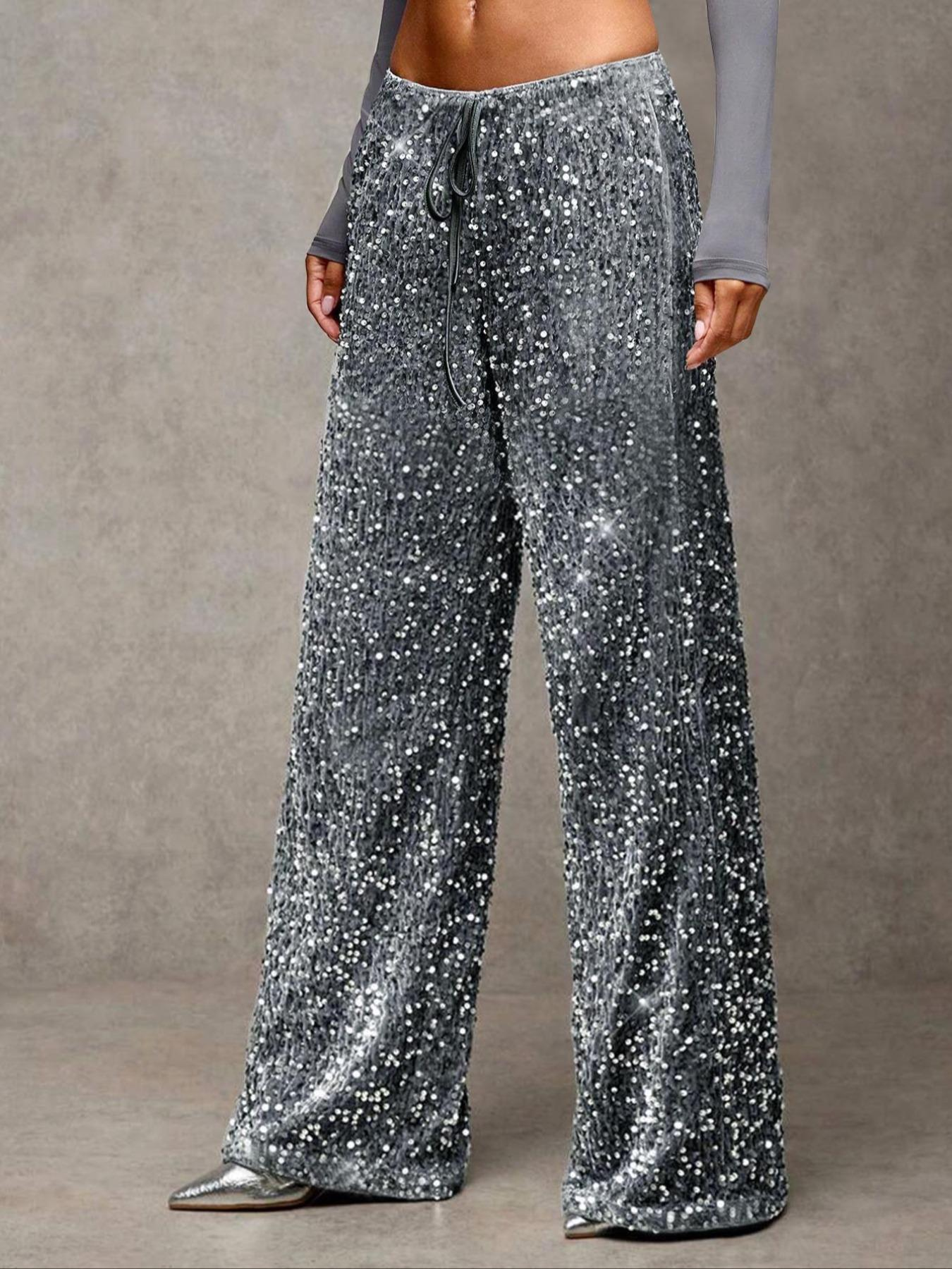 💖LAST DAY SALE 50% OFF💃Women's Sequin Sparkle Wide Leg Pants with Elastic Waistband