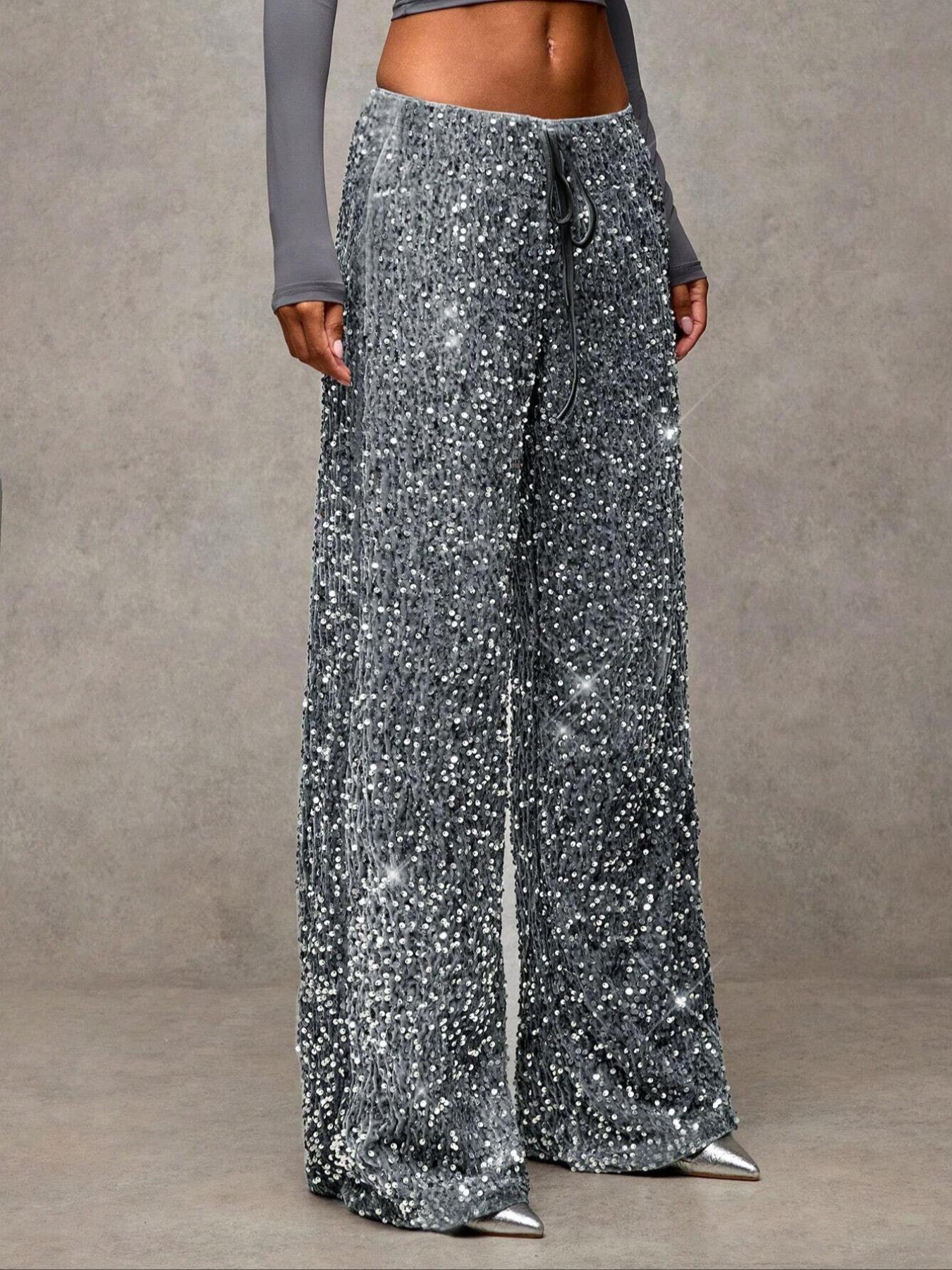 💖LAST DAY SALE 50% OFF💃Women's Sequin Sparkle Wide Leg Pants with Elastic Waistband