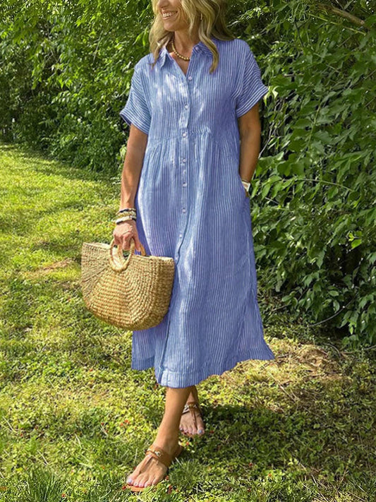 NEW🔥 Striped Lapel Button Down Shirt Dress | With Functional Pockets