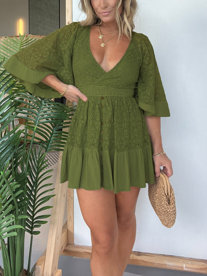 One-piece dress style, slimming and fitting, displays graceful figure!-Open Back Lace Crochet Romper Dress
