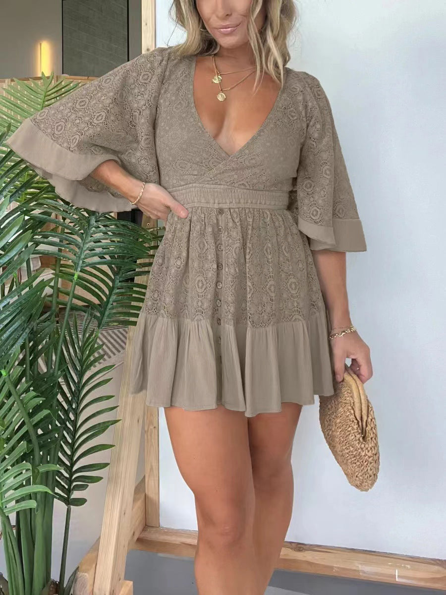 One-piece dress style, slimming and fitting, displays graceful figure!-Open Back Lace Crochet Romper Dress