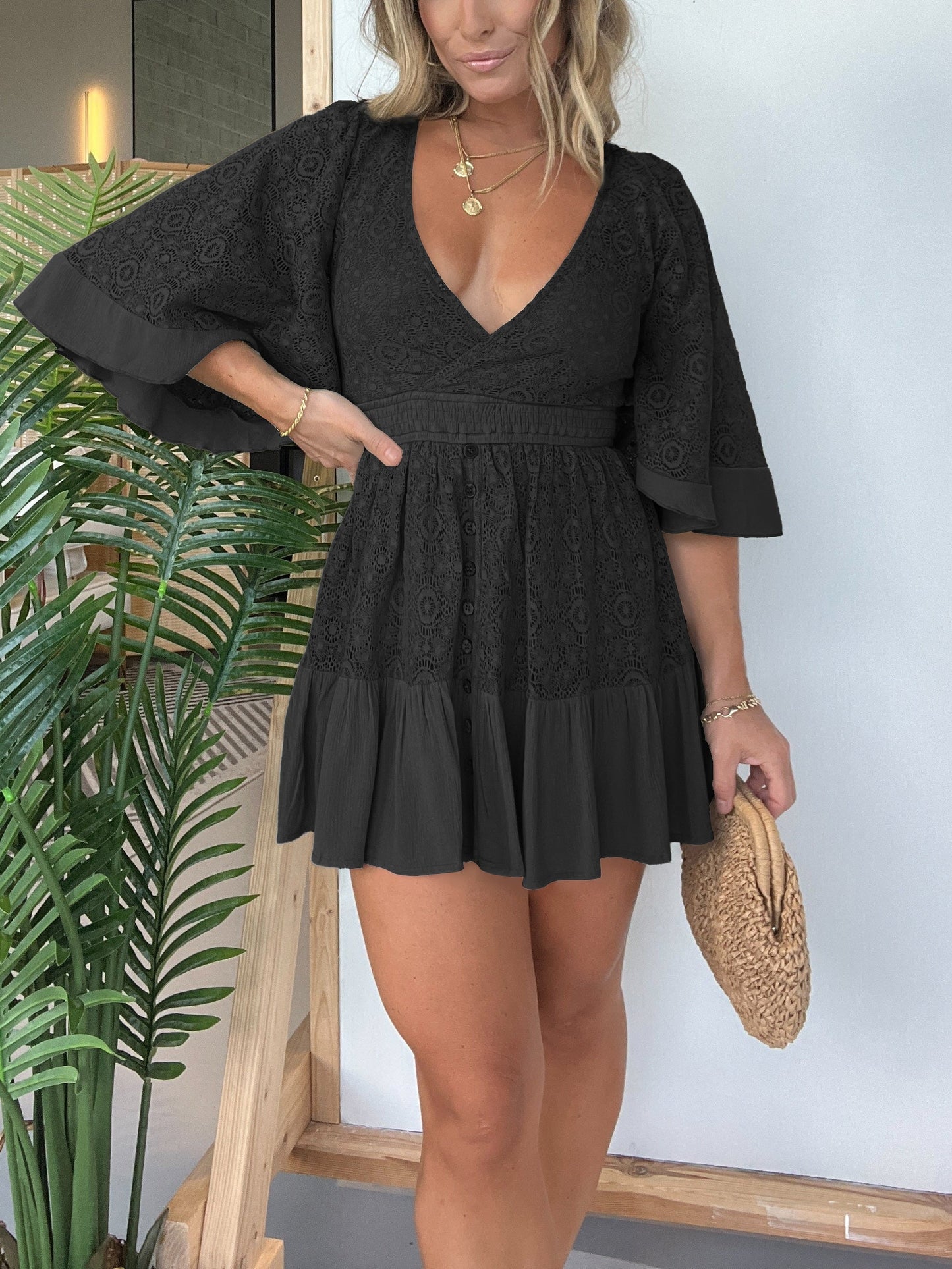 One-piece dress style, slimming and fitting, displays graceful figure!-Open Back Lace Crochet Romper Dress