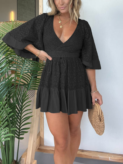 One-piece dress style, slimming and fitting, displays graceful figure!-Open Back Lace Crochet Romper Dress