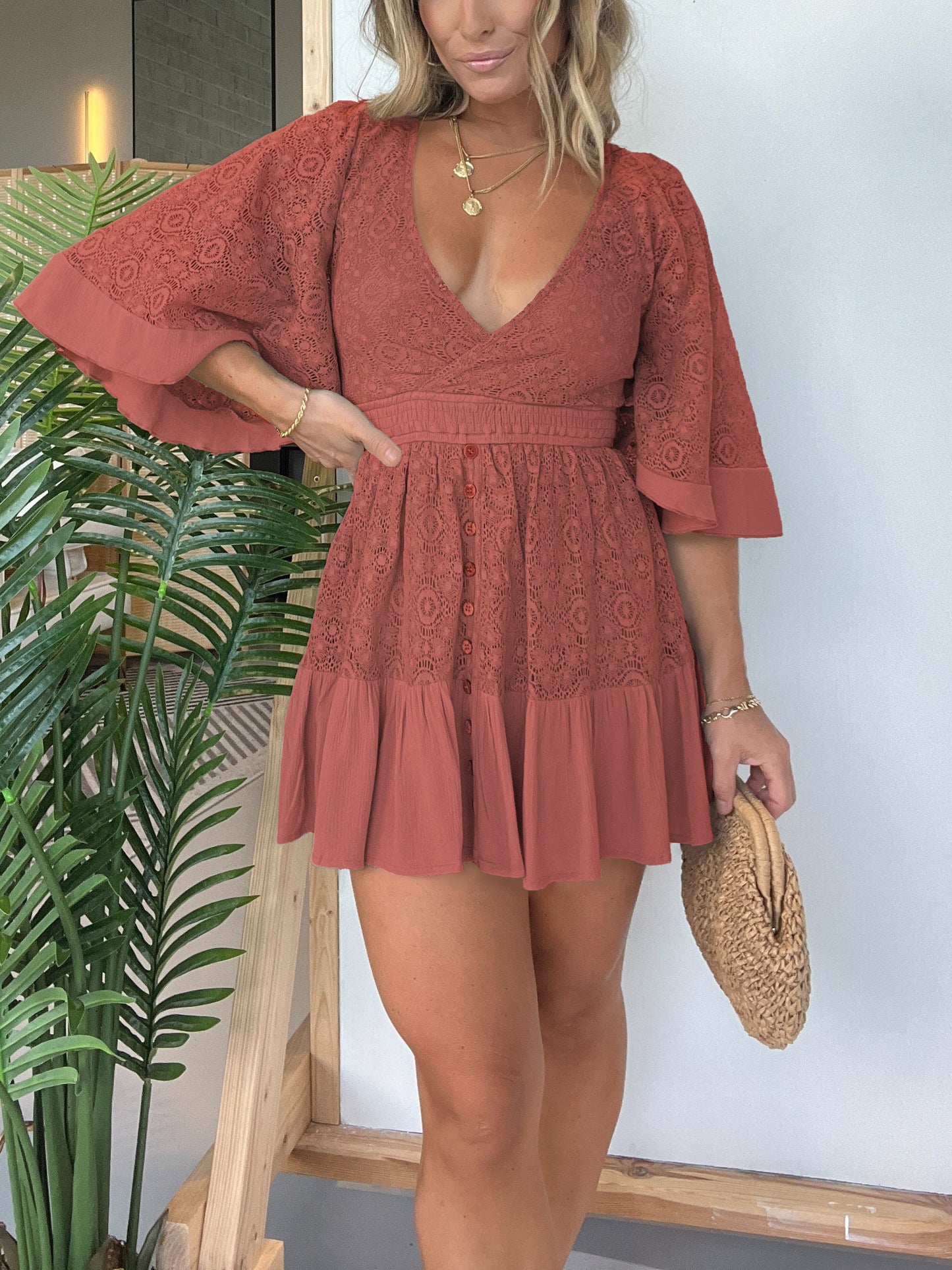 One-piece dress style, slimming and fitting, displays graceful figure!-Open Back Lace Crochet Romper Dress