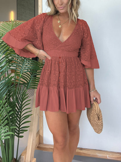 One-piece dress style, slimming and fitting, displays graceful figure!-Open Back Lace Crochet Romper Dress