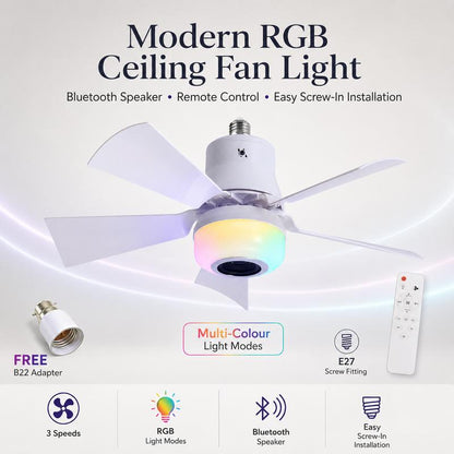Smart Ceiling Fan Light – Bluetooth Speaker, 16M RGB Colors, E27 fit – breeze & beats in one