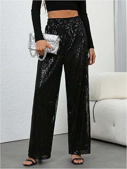 💖LAST DAY SALE 50% OFF💃Women's Sequin Sparkle Wide Leg Pants with Elastic Waistband