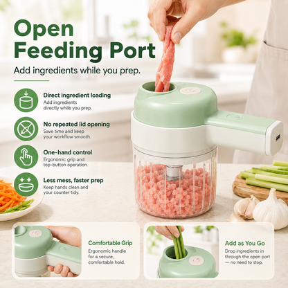 🏆 LIMITED-TIME 50% OFF! 🥕4‑in‑1 Handheld Electric Food Chopper‑ USB Rechargeable Mini Blender with Open Feeding Port, Portable Wireless Processor for Vegetables, Meat & Garlic