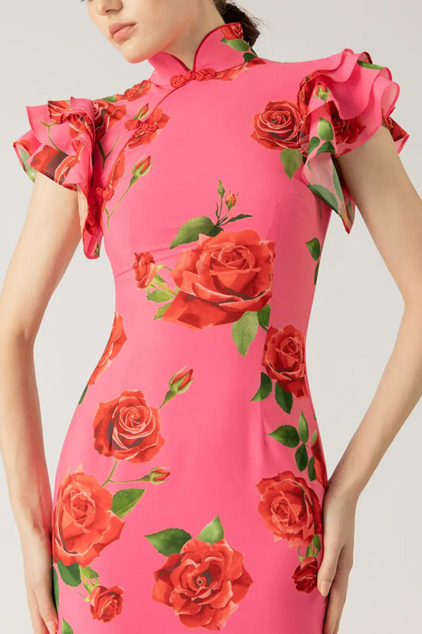 🌸Spring Specials💐 Cheongsam Style Rose Floral Print Tiered Flare Sleeve Stretch Maxi Dress