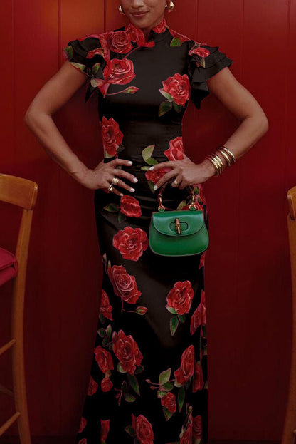 🌸Spring Specials💐 Cheongsam Style Rose Floral Print Tiered Flare Sleeve Stretch Maxi Dress