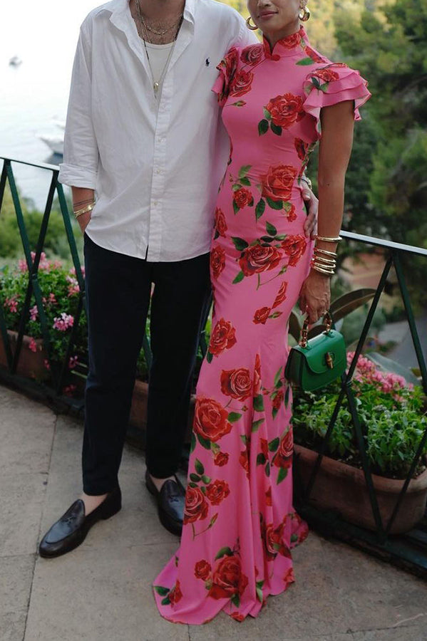 🌸Spring Specials💐 Cheongsam Style Rose Floral Print Tiered Flare Sleeve Stretch Maxi Dress