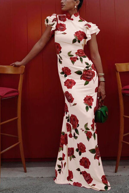 🌸Spring Specials💐 Cheongsam Style Rose Floral Print Tiered Flare Sleeve Stretch Maxi Dress