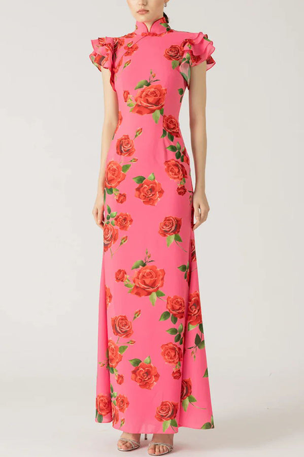 🌸Spring Specials💐 Cheongsam Style Rose Floral Print Tiered Flare Sleeve Stretch Maxi Dress