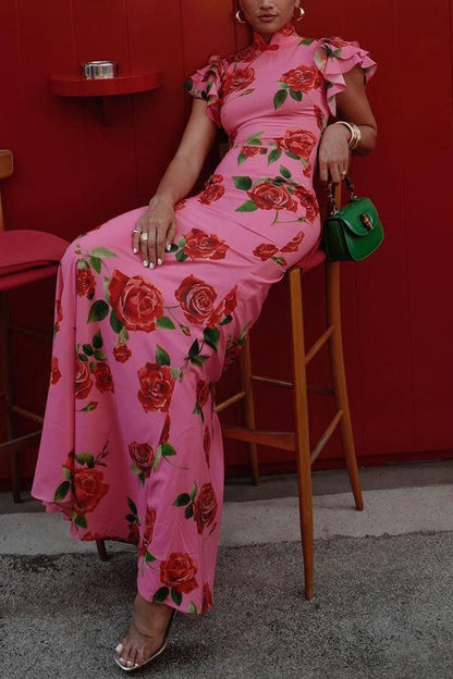 🌸Spring Specials💐 Cheongsam Style Rose Floral Print Tiered Flare Sleeve Stretch Maxi Dress