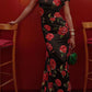 🌸Spring Specials💐 Cheongsam Style Rose Floral Print Tiered Flare Sleeve Stretch Maxi Dress