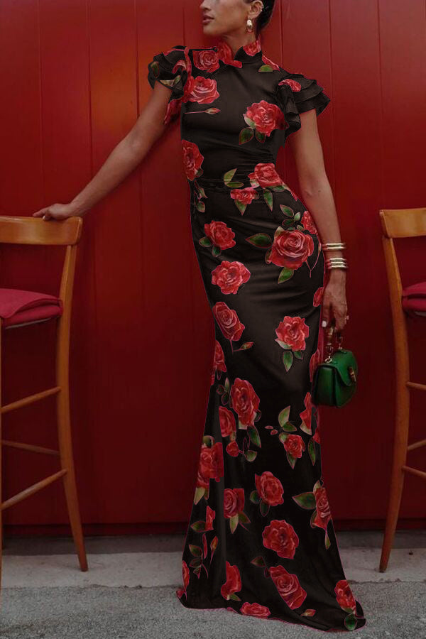 🌸Spring Specials💐 Cheongsam Style Rose Floral Print Tiered Flare Sleeve Stretch Maxi Dress