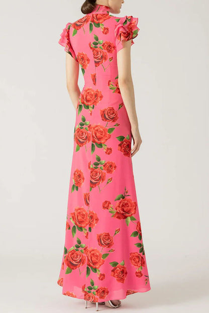 🌸Spring Specials💐 Cheongsam Style Rose Floral Print Tiered Flare Sleeve Stretch Maxi Dress