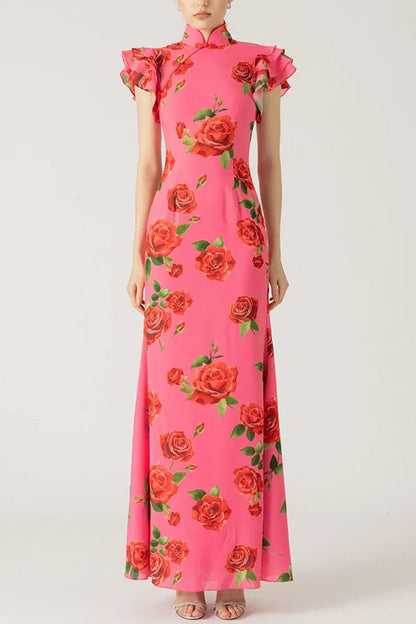 🌸Spring Specials💐 Cheongsam Style Rose Floral Print Tiered Flare Sleeve Stretch Maxi Dress
