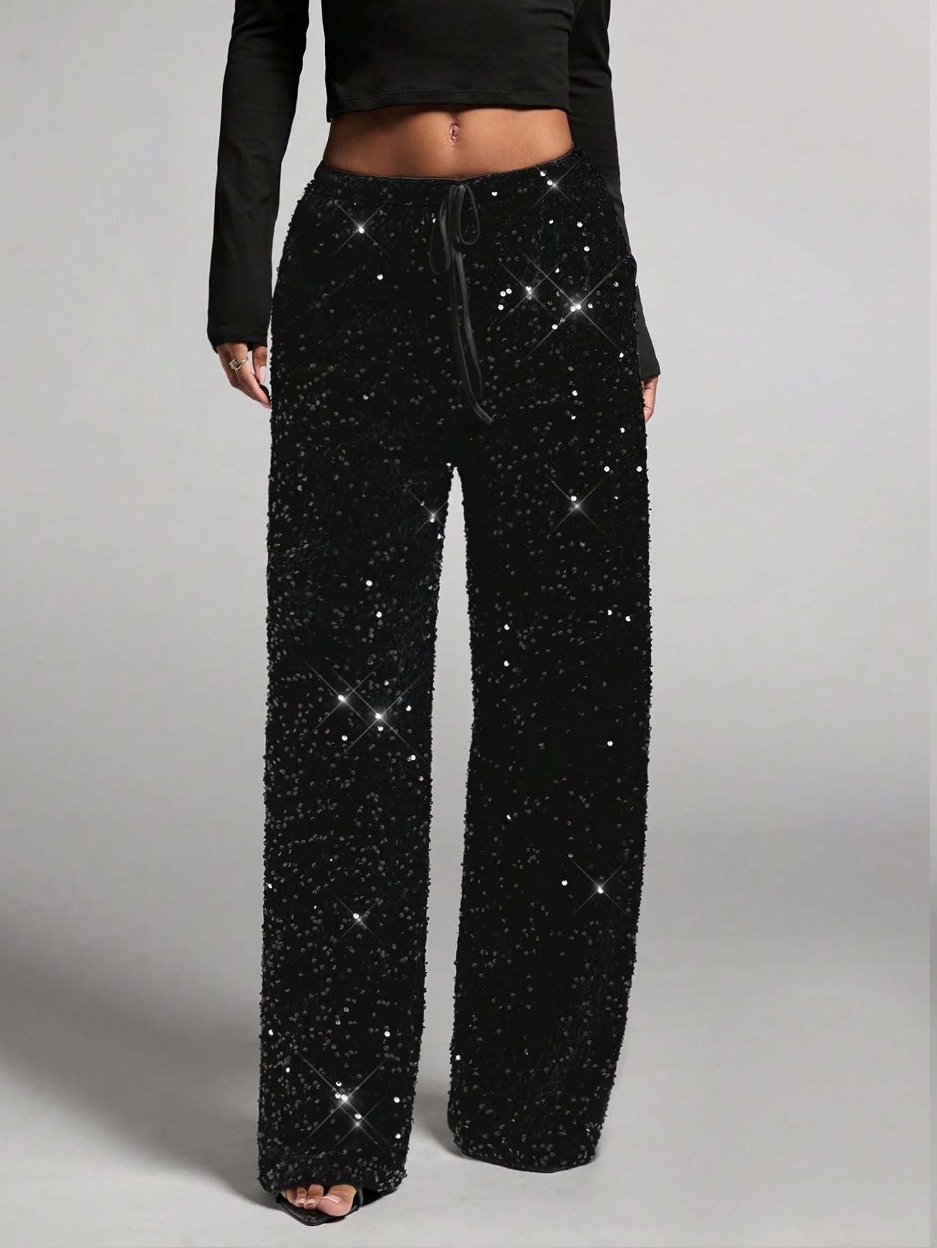 💖LAST DAY SALE 50% OFF💃Women's Sequin Sparkle Wide Leg Pants with Elastic Waistband
