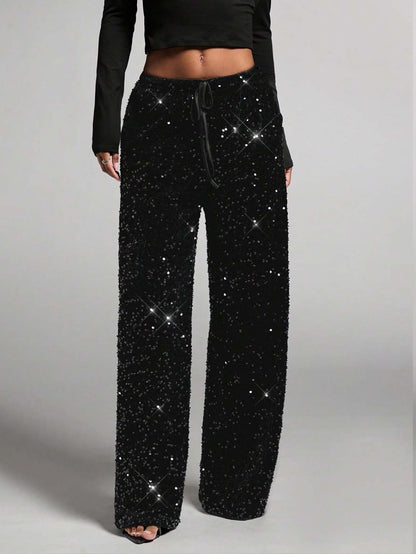 💖LAST DAY SALE 50% OFF💃Women's Sequin Sparkle Wide Leg Pants with Elastic Waistband