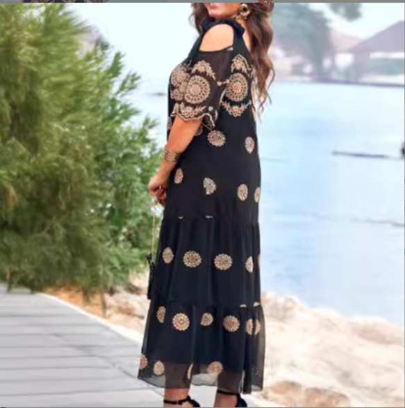 What should I wear tomorrow?🥰 Summer Hollow Dress Short Sleeve Loose Printed Long Skirt