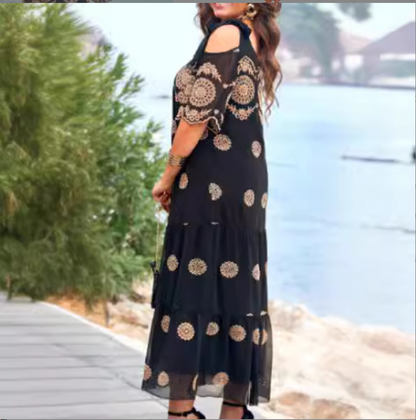 What should I wear tomorrow?🥰 Summer Hollow Dress Short Sleeve Loose Printed Long Skirt