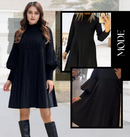 Elegant black pleated dress for women with lantern sleeves