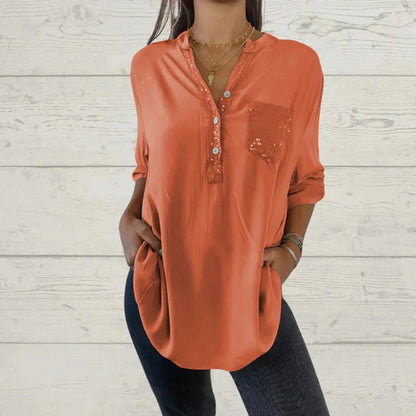 What should I wear tomorrow?🌸Women's Sequin Patchwork V-neck Shirt