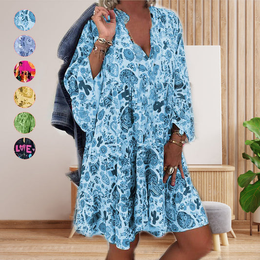 Women's Plus Size V Neck Printed Ruffle Hem Long Sleeves Flowy Mini Dress