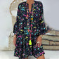 Women's Plus Size V Neck Printed Ruffle Hem Long Sleeves Flowy Mini Dress