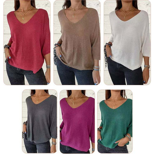 🔥Hot Sales - 60% OFF💕Women's Batwing Sleeve Solid Color V-Neck Knit Top