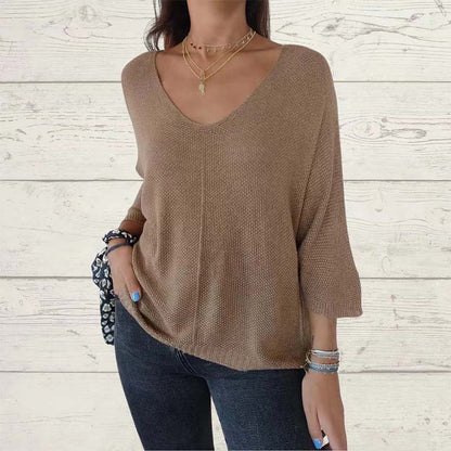 🔥Hot Sales - 60% OFF💕Women's Batwing Sleeve Solid Color V-Neck Knit Top