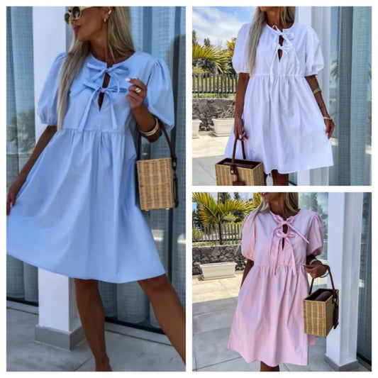 💕 Classy & Comfortable: Women’s Trendy Solid Color Bow Tie Front Puff Sleeve Dress