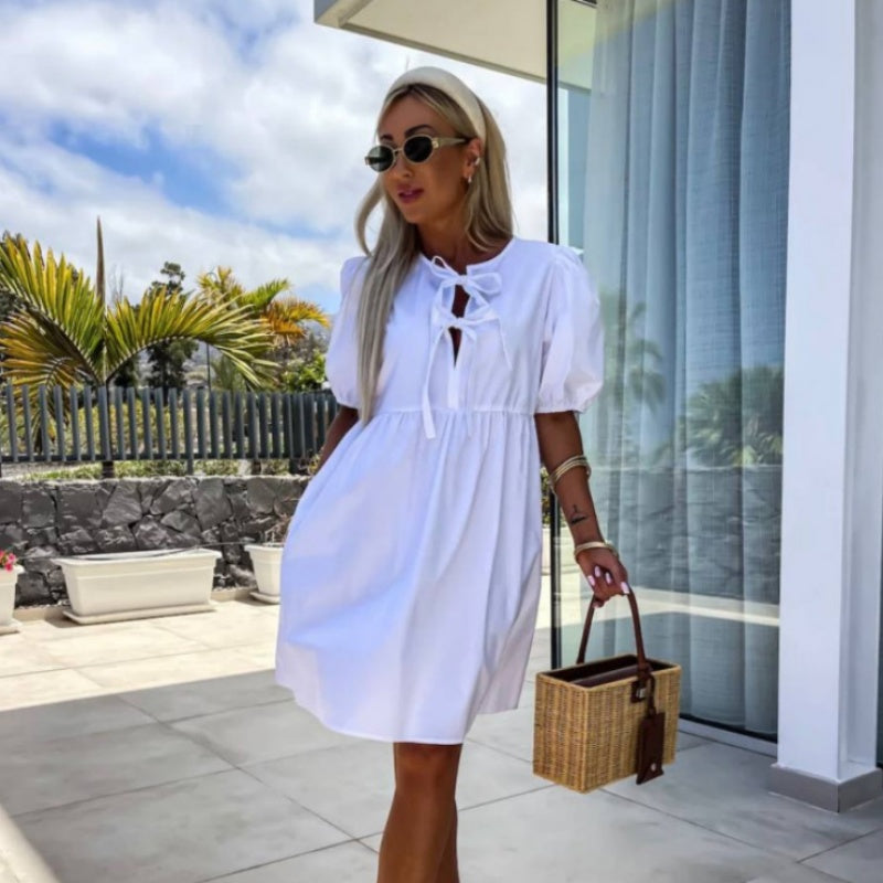 💕 Classy & Comfortable: Women’s Trendy Solid Color Bow Tie Front Puff Sleeve Dress