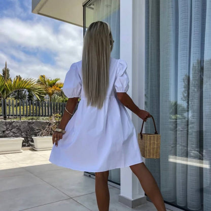 💕 Classy & Comfortable: Women’s Trendy Solid Color Bow Tie Front Puff Sleeve Dress