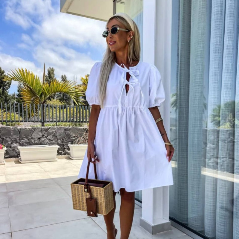 💕 Classy & Comfortable: Women’s Trendy Solid Color Bow Tie Front Puff Sleeve Dress