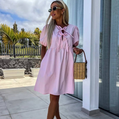 💕 Classy & Comfortable: Women’s Trendy Solid Color Bow Tie Front Puff Sleeve Dress