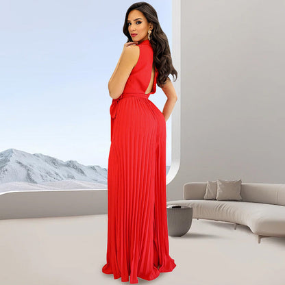 V-Neck Pleated Wide-Leg Jumpsuit