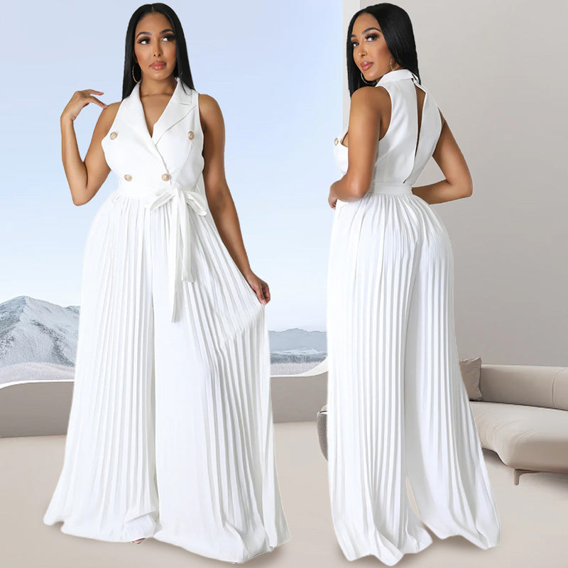 V-Neck Pleated Wide-Leg Jumpsuit