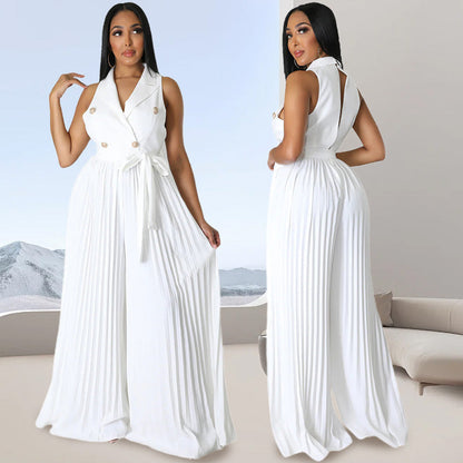 V-Neck Pleated Wide-Leg Jumpsuit