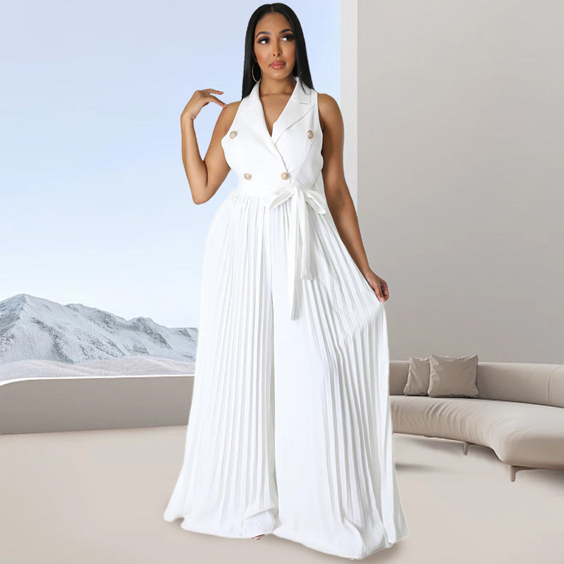 V-Neck Pleated Wide-Leg Jumpsuit