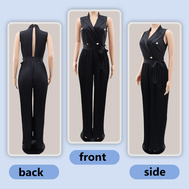 V-Neck Pleated Wide-Leg Jumpsuit