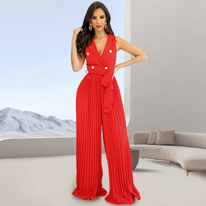 V-Neck Pleated Wide-Leg Jumpsuit