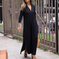 Solid V-Neck 3/4 Sleeve Dress with Slits