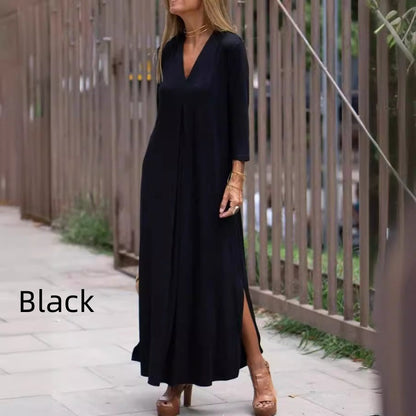 Solid V-Neck 3/4 Sleeve Dress with Slits