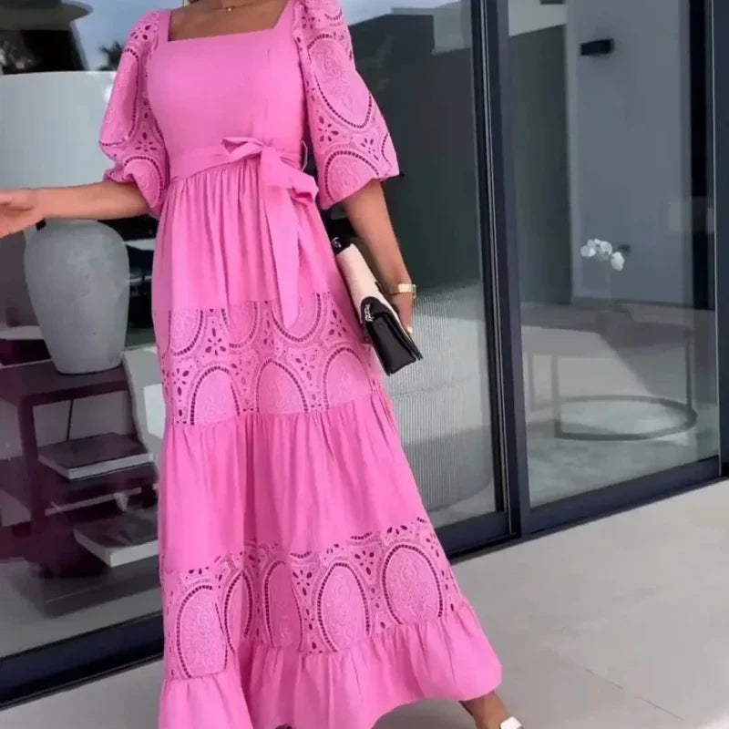 Women’s Trendy Patchwork Tie Waist Square Neck Long Dress