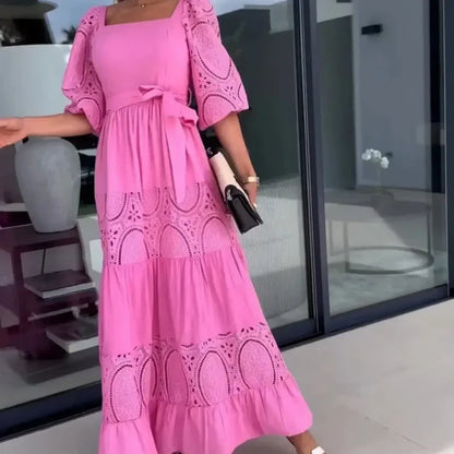 Women’s Trendy Patchwork Tie Waist Square Neck Long Dress