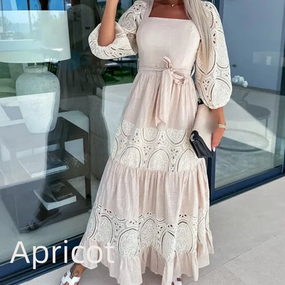 Women’s Trendy Patchwork Tie Waist Square Neck Long Dress