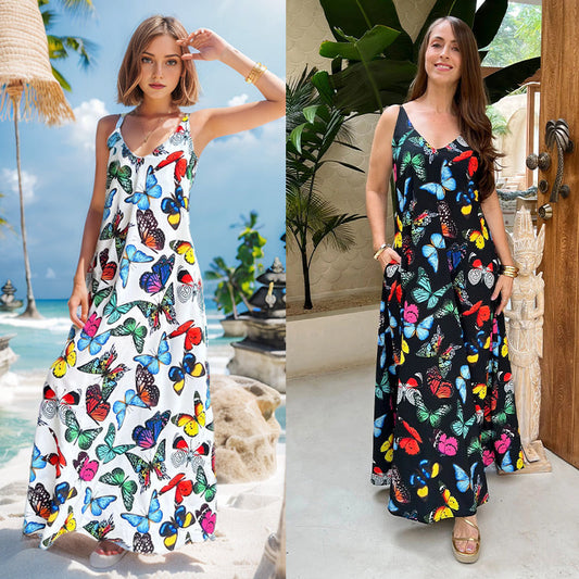 💕50% discount💕Butterflies fluttering, as elegant as you - V-neck printed long dress with thin straps.💕